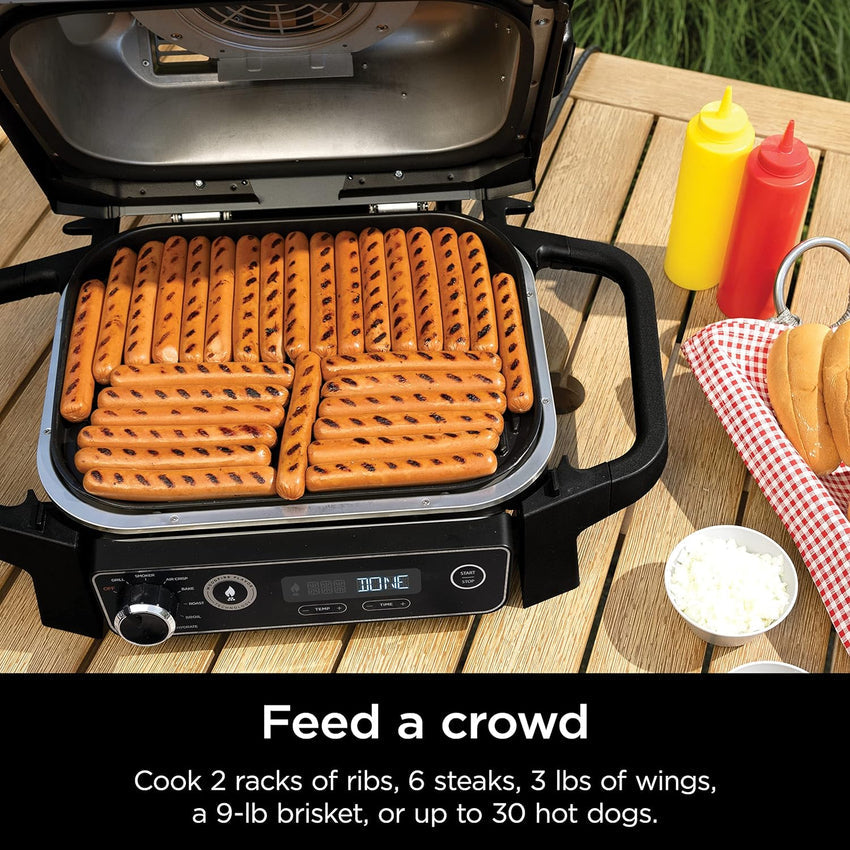 7-in-1 Grill & Smoker with Thermometer. Air Fryer. BBQ. Bake. Roast. Broil - Portable Electric Outdoor Grill. Grey